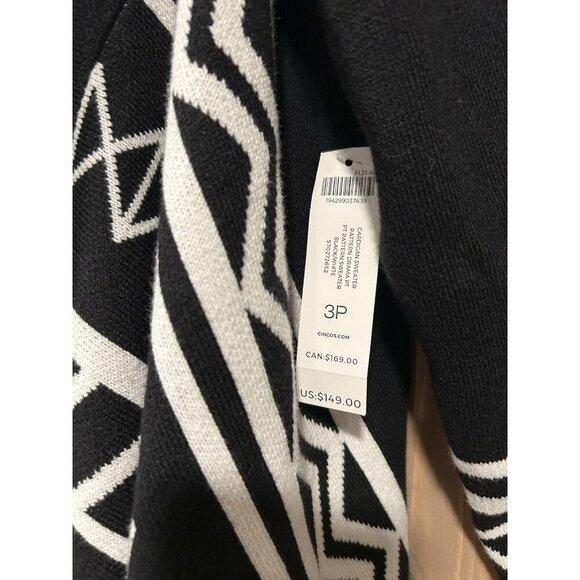 NEW Chico's Open Front Cardigan Black White Aztec Pattern w/ Fringe Size XLP 3P - Picture 5 of 9